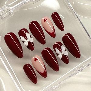 Burgundy Press-On Nails with Bows