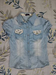 Cute Denim Shirt with Floral Accents