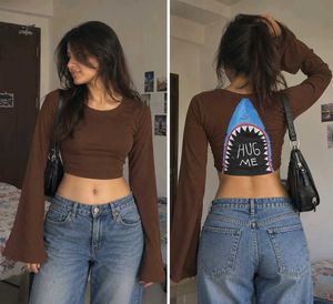 Brown Cropped Top with Bell Sleeves