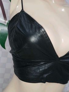 (423)Black Leather Trim Bralette