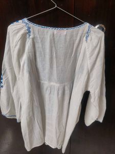 White &amp; Blue Embroidered Boho Short Kurti