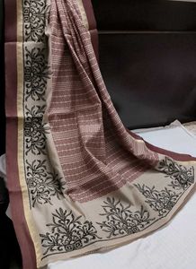 Zari Embroidery Handblock print ChanderiSilk Saree