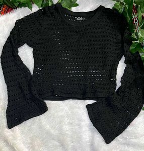 Black Crochet Bell Sleeve Top
