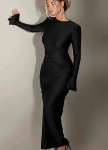 Elegant Black Long Sleeve Ruched Maxi Dress