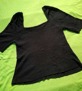 Square Neck Black Ribbed Puff Sleeve Top Partywear