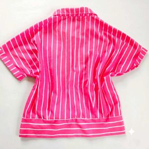 Pink Striped Button-Up Cropped Shirt