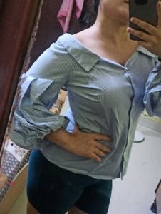 Blue and White Striped Off-Shoulder Top