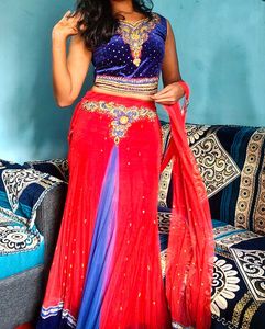 Stunning Velvet Red & Blue Lehenga Choli