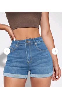 globus Blue Denim High-Waisted Rolled Hem Shorts