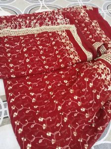 Embroidered Red Dupatta with Sequins