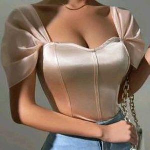 Sleek Satin Blouse with Sheer Sleeves