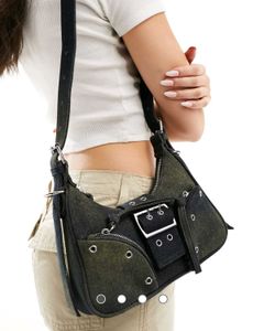 Bershka buckle detail denim crossbody bag in dirty