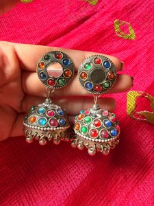 Boho Jhumka Earrings with Mirror