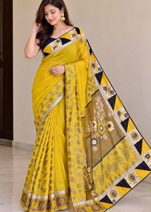 Vibrant Yellow Floral Print Saree