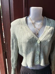 Green Ribbed Cropped Cardigan