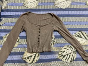 Ribbed Square Neck Button-Up Top