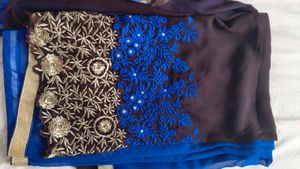 Embroidered Brown & Blue Saree