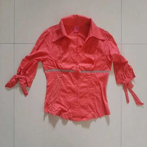 🤍 Chic Coral Embellished Button-Up Blouse