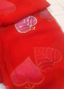 Vibrant Red Saree with Leaf Motifs