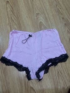 Silky Pink Sleep Shorts with Black Lace