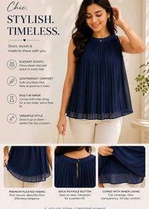 Navy Blue Pleated Flowy Top with Inner Lining | El