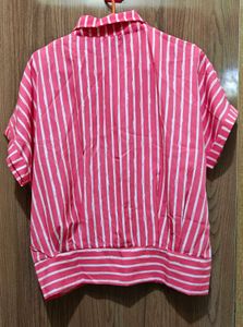 Pink White Striped Button-Up Crop Top