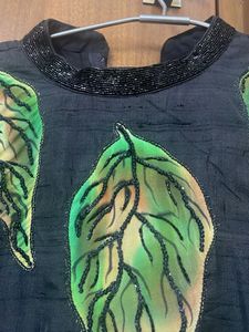 Black raw silk Gown with Green Leaf Print