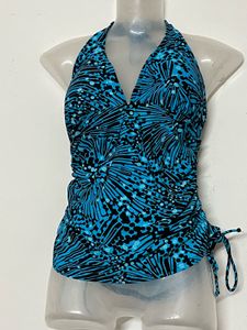 Blue &amp; Black Print Ruched Halter Bikini Top