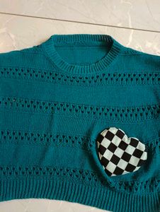 Teal Knit Sweater with Heart Patch
