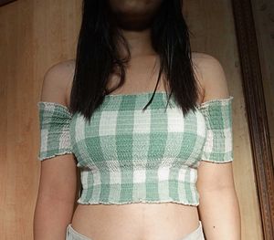 Green Gingham Off-Shoulder Crop Top