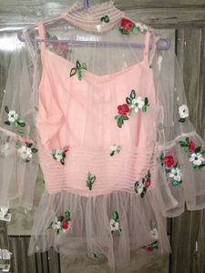 floral hand embroidered peach waist snatched top