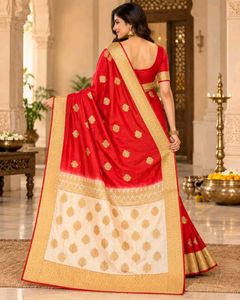 Elegant Red &amp; Cream Saree with Gold Embellishments