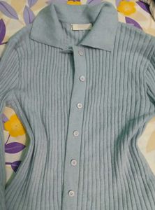 Light Blue Ribbed Knit Button-Up