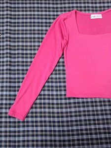 Hot Pink Square Neck Long Sleeve Zara Top