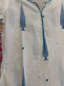 White Kurta with Blue Block Print