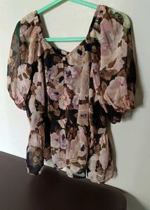 Floral Print Sheer Puff Sleeve Blouse