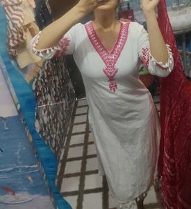 White Kurta Set with Pink Dupatta