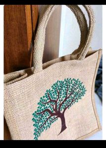 Jute Tote Bag with Tree Print