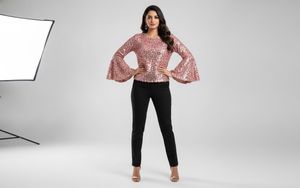 Sequin Rose Gold Partywear Top With Flared Sleeves
