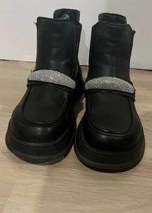 Chunky Black Boots with Rhinestone Detail