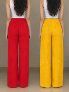 Yellow and Red Wide Leg Textured Pants
