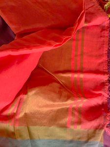 new peach saree with scalp thread on boarder