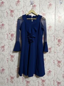 Elegant Navy Blue Sheer Sleeve Dress