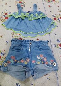 Cute Denim Top &amp; Shorts Set for Girls