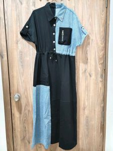 Colorblock Denim & Black Button-Up Dress