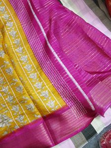 Yellow Floral Saree with Pink Border