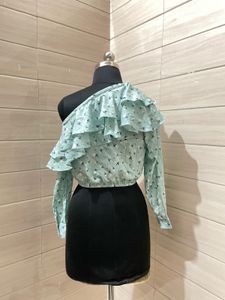 Blue Floral One Shoulder Ruffle Crop