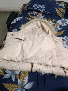 Cream Quilted Puffer Jacket with Fur Hood