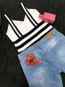 Shein Striped White and Black Crop Top