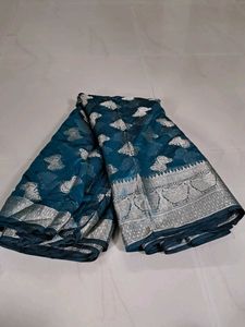 Elegant Teal Saree with Silver Border
